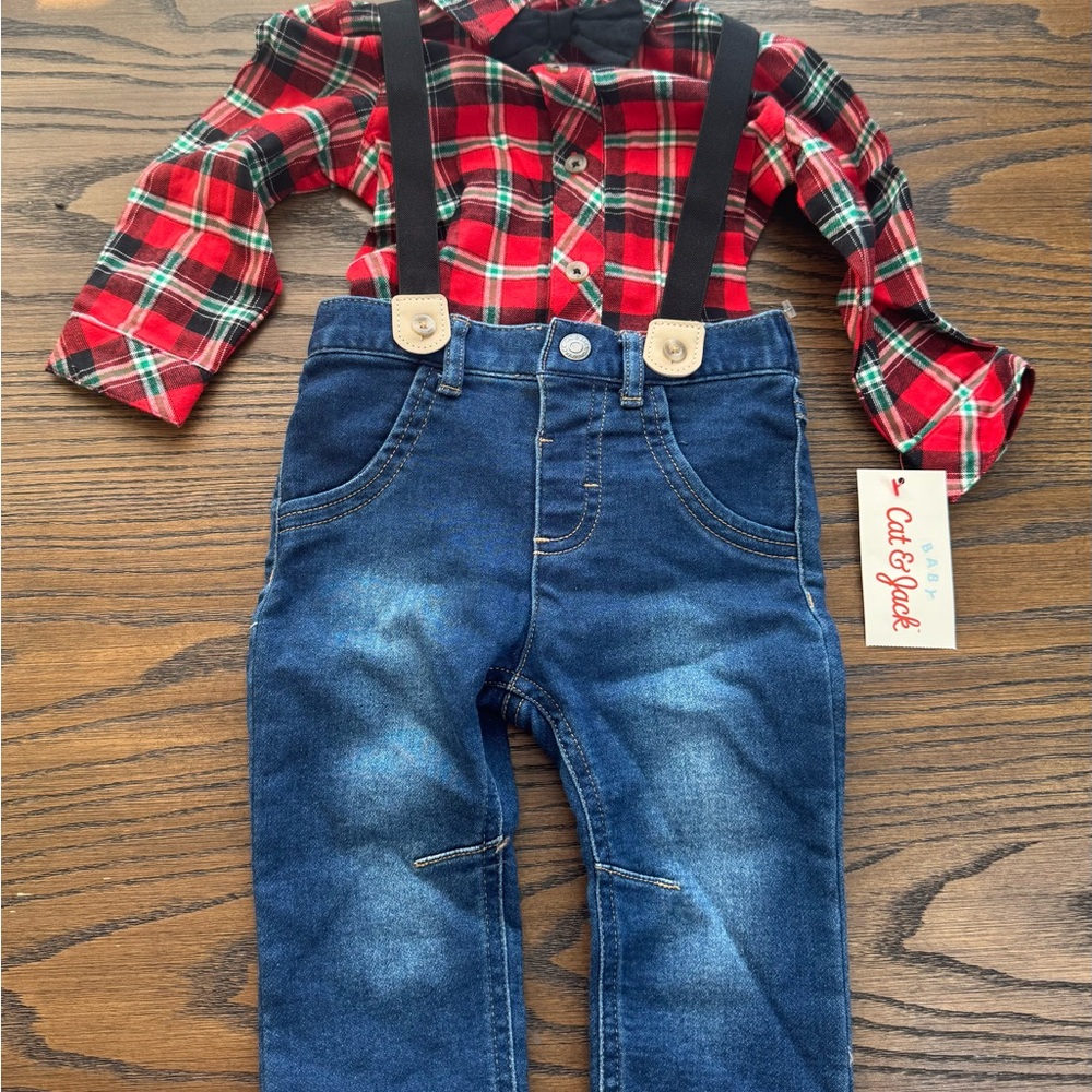 Cat & Jack Red Plaid Shirt and Blue Jeans Set